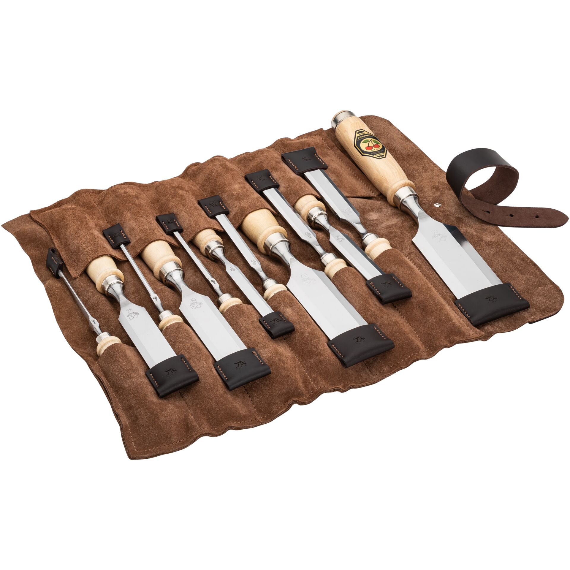 Messer-Set, Küchenmesser, Edelstahl, Holzgriffe, Leder-Rolle