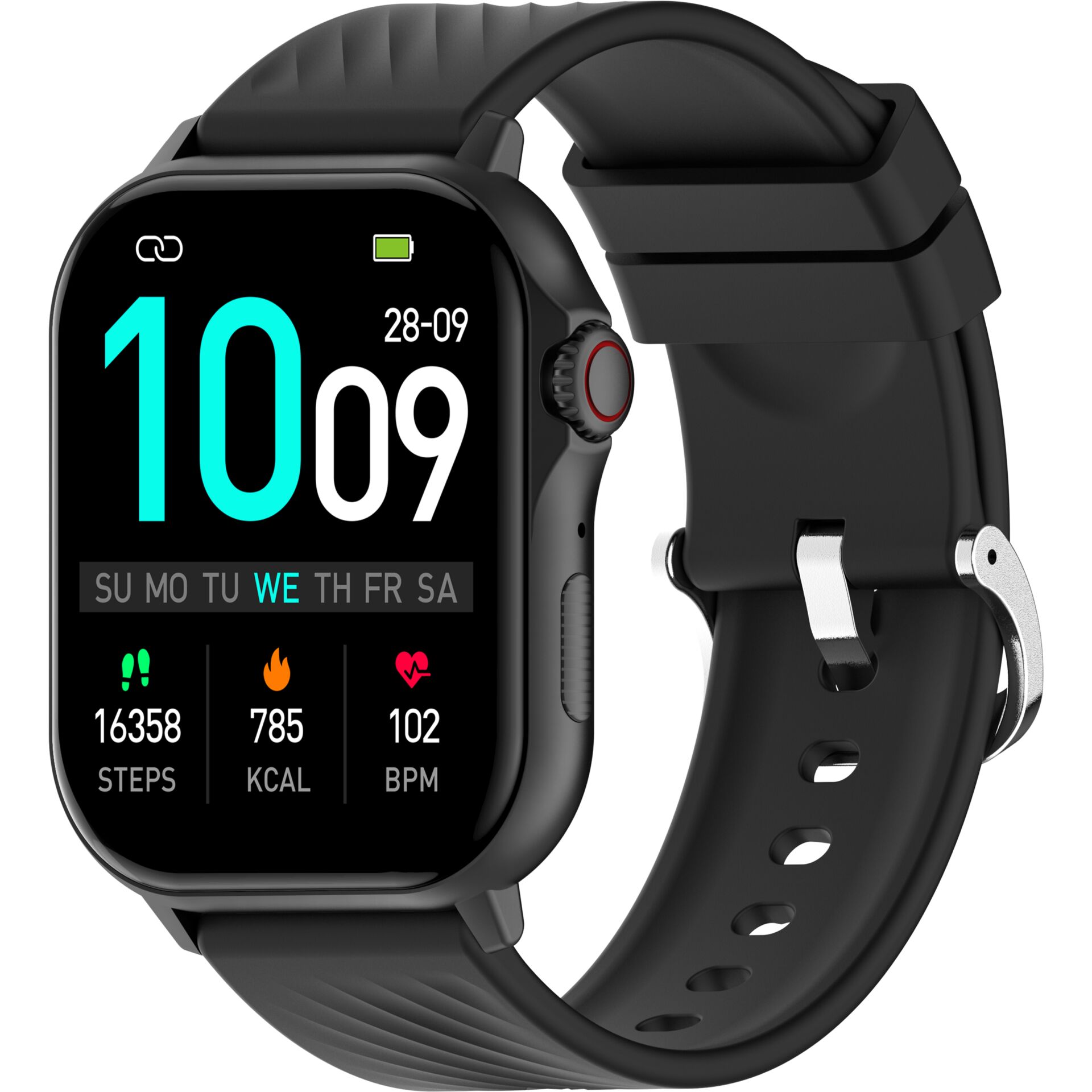 Smartwatch, Schwarzes Gehäuse, Silikonarmband, Touchscreen, Herzfrequenzmessung