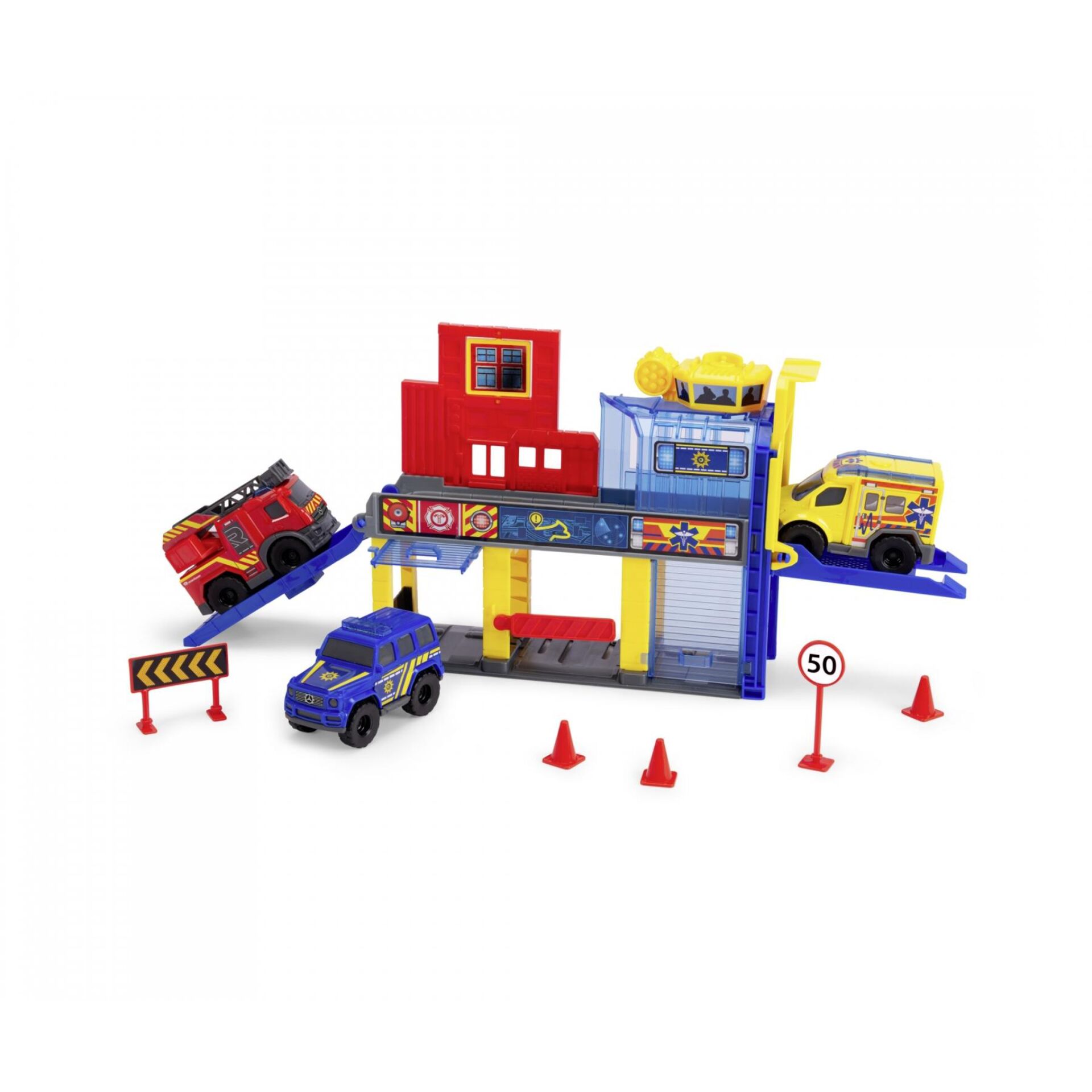 Kinderspielzeug, Playset, Feuerwehr, Ambulanz, Garage Anlage