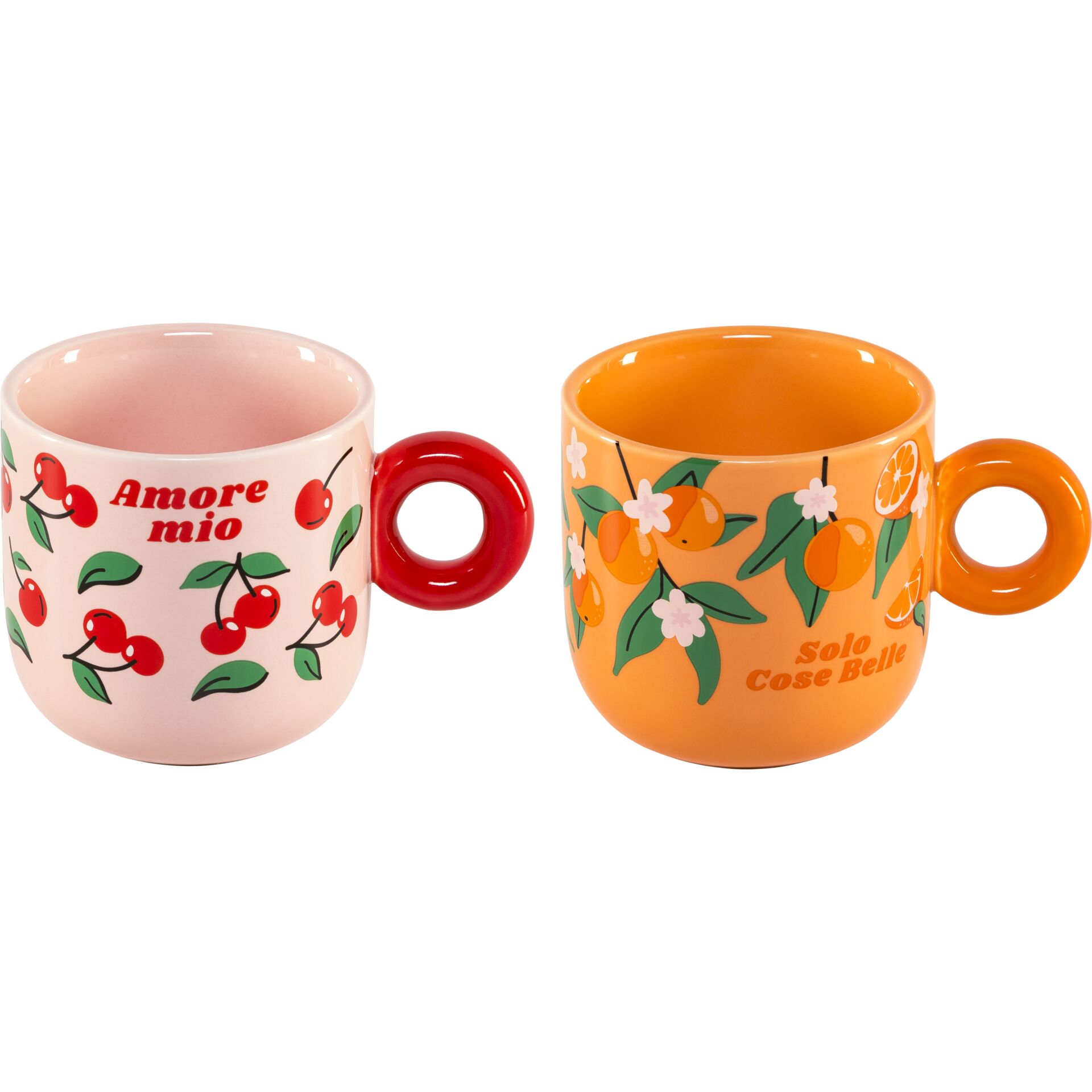 Keramiktasse, Muster-Label, Kirschen, Zweier-Set, Bunte-Tassen